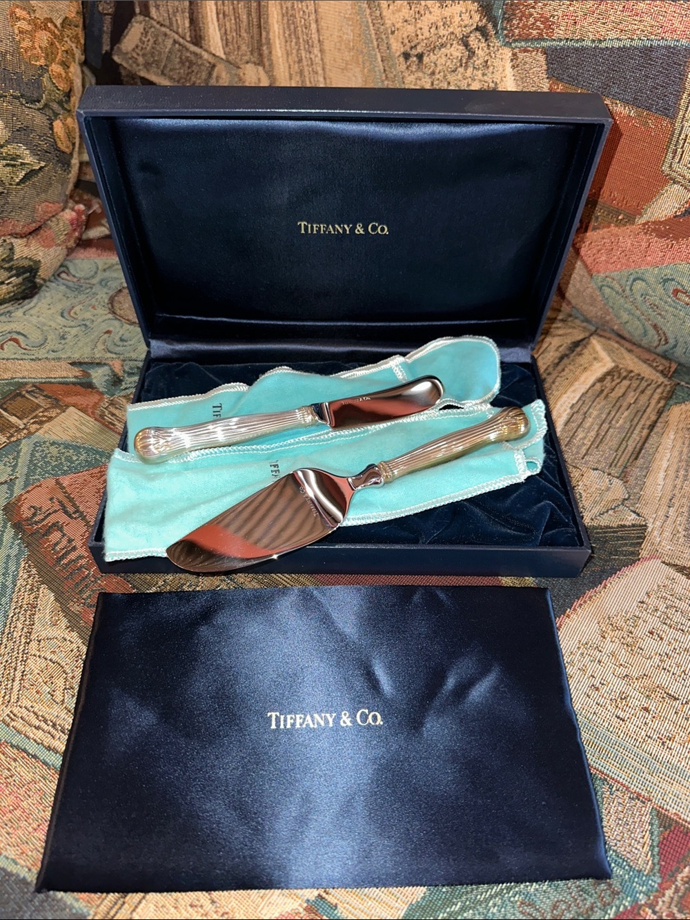 Tiffany & Co. Silver Cake Server and Knife Set with Tiffany Blue Pouch